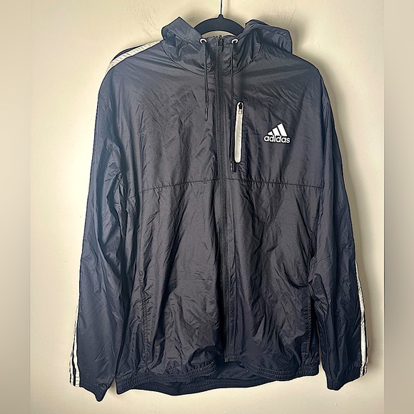ADIDAS Black w/White Trim Men’s XL Nylon Fully Lined Hooded Windbreaker Jacket - Picture 2 of 12